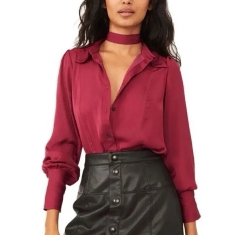 Free People Lala Button Up Long Sleeve Shirt Magenta Red
